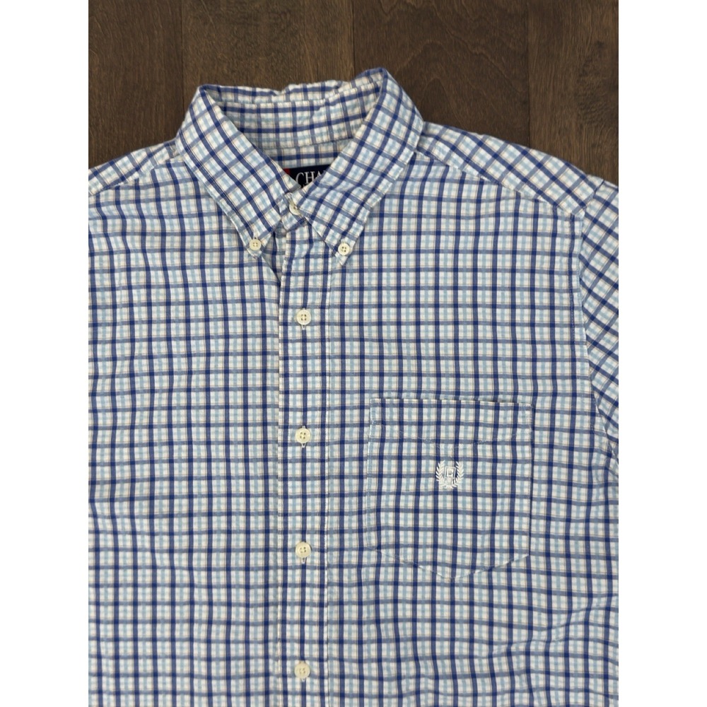 Chaps Ralph Lauren Shirt Men Short Sleeve Button Up Blue Plaid Seersucker Size S